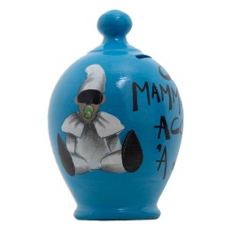 Salvadanaio blu con Pulcinella e frase in napoletano con tappo di chiusura trasparente