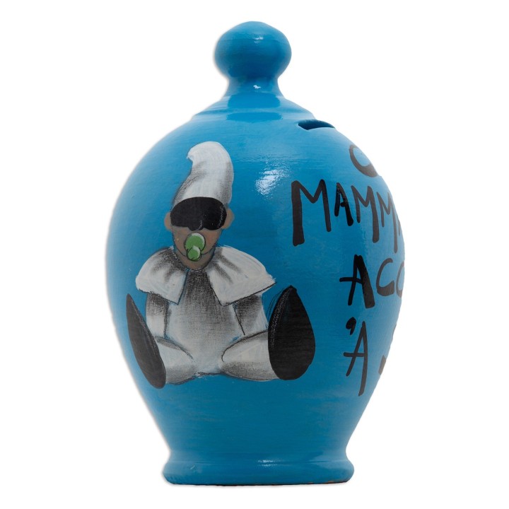 Salvadanaio blu con Pulcinella e frase in napoletano con tappo di chiusura trasparente