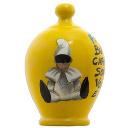 Salvadanaio giallo con Pulcinella e frase in napoletano con tappo di chiusura trasparente
