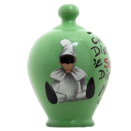 Salvadanaio verde con Pulcinella e frase in napoletano con tappo di chiusura trasparente