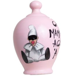 Salvadanaio rosa con Pulcinella e frase in napoletano con tappo di chiusura trasparente