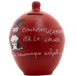 Salvadanaio rosso con  frase in napoletano con tappo di chiusura trasparente