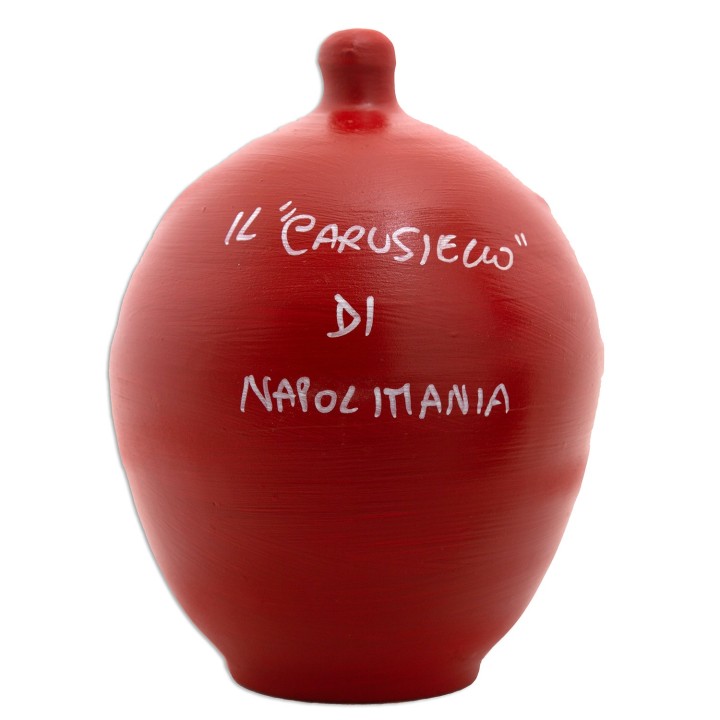 Salvadanaio rosso con  frase in napoletano con tappo di chiusura trasparente
