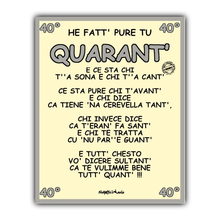 Articoli da regalo divertenti - Targa auguri per 40 anni | Napolimania