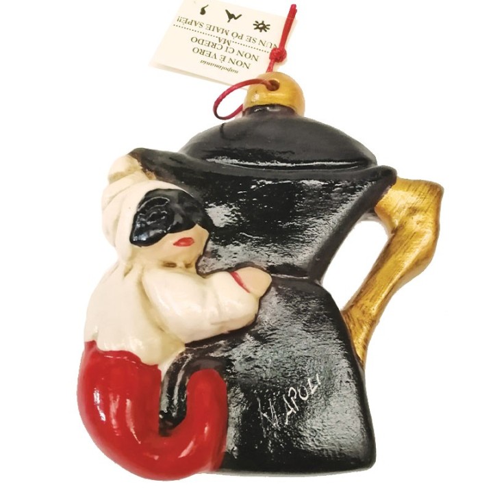 Maschera di Pulcinella con macchinetta del caffè. Souvenir Napoli - Corno maschera Pulcinella