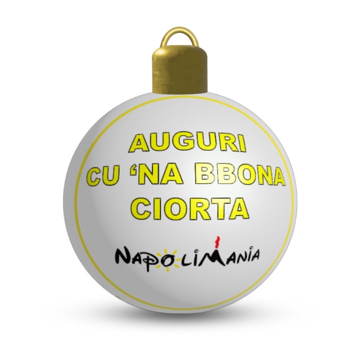 Pallina albero di Natale in ceramica napoletana con simboli scaramantici: corno, quadrifoglio, ferro di cavallo