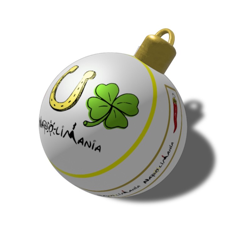 Pallina albero di Natale in ceramica napoletana con simboli scaramantici: corno, quadrifoglio, ferro di cavallo