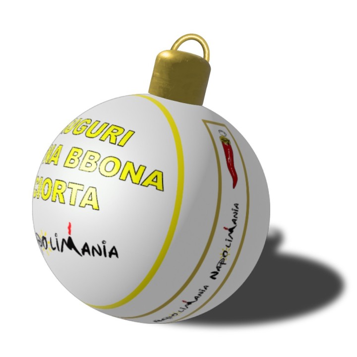 Pallina albero di Natale in ceramica napoletana con simboli scaramantici: corno, quadrifoglio, ferro di cavallo