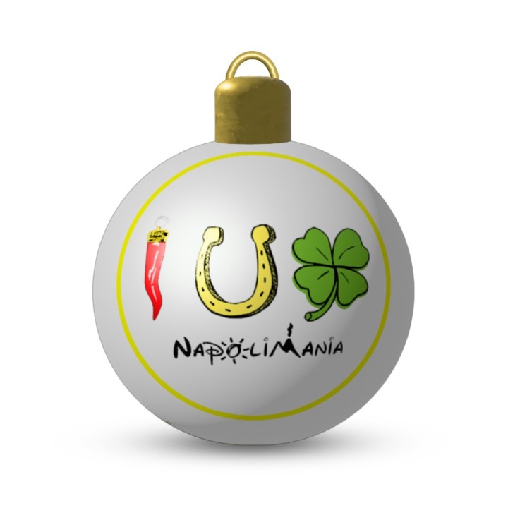Pallina albero di Natale in ceramica napoletana con simboli scaramantici: corno, quadrifoglio, ferro di cavallo