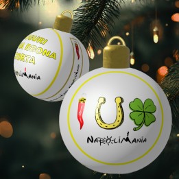 Pallina albero di Natale in ceramica napoletana con simboli scaramantici: corno, quadrifoglio, ferro di cavallo