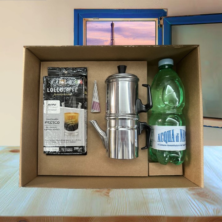 Kit sopravvivenza del napoletano all'estero con macchinetta e caffè 250gr acqua di napoli