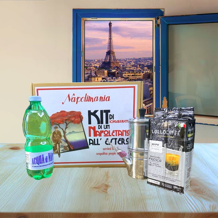 Kit sopravvivenza del napoletano all'estero con macchinetta e caffè 250gr acqua di napoli