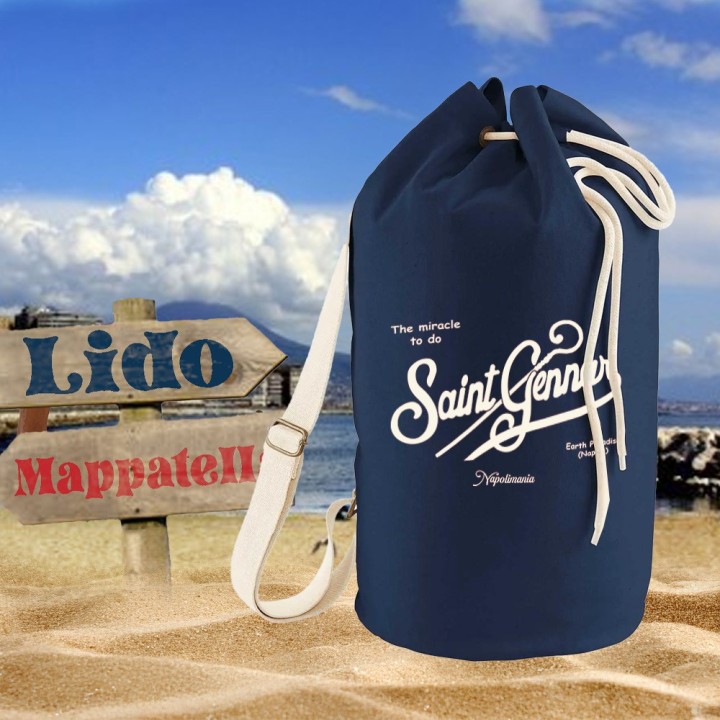 sacca mare blu saint gennar, con scritta stile saint barth bianca