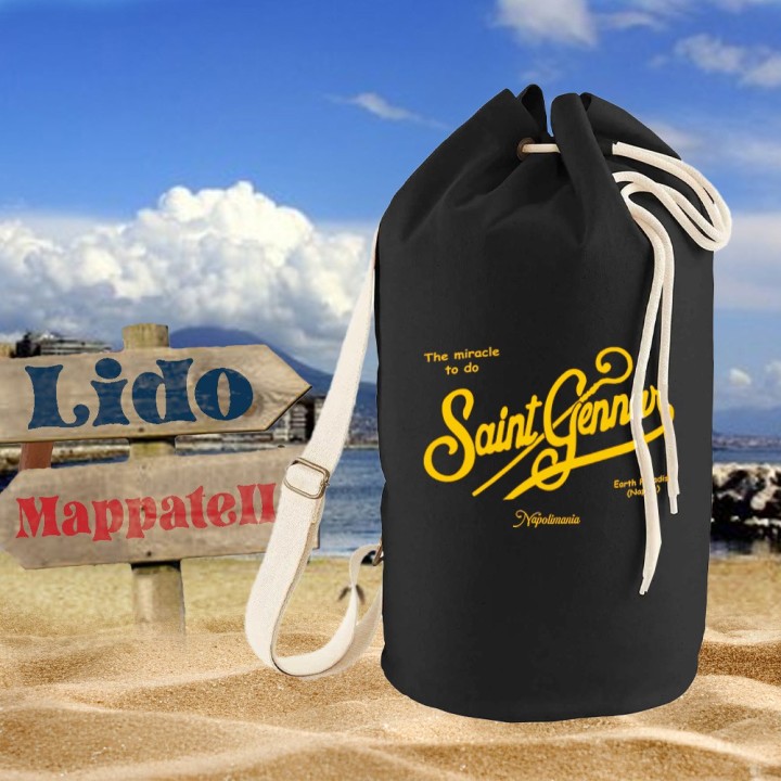 sacca mare nera saint gennar, con scritta stile saint barth bianca
