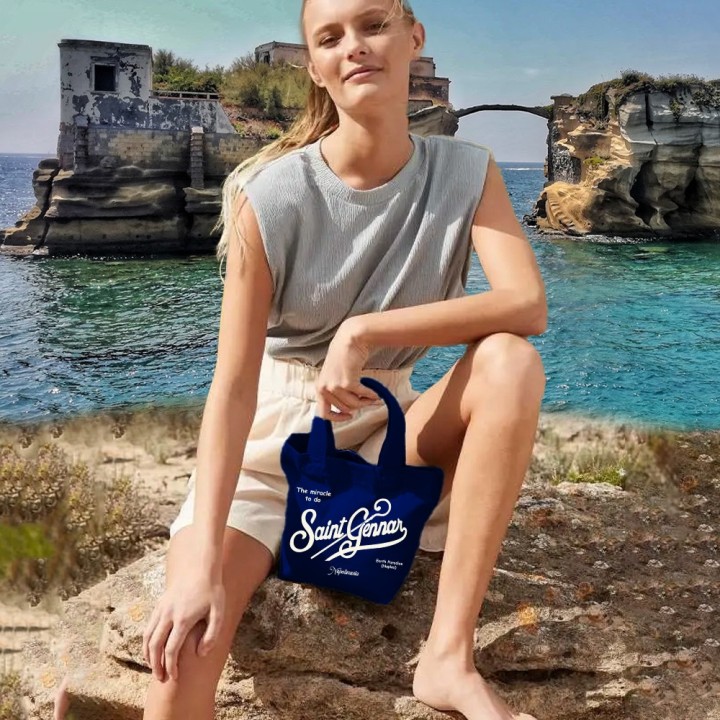 Mini tote napolimania con scritta saint Gennar colore blu in stile saint barth